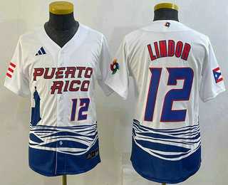 Youth Puerto Rico Baseball #12 Francisco Lindor Number 2023 White World Baseball Classic Stitched Jerseys->2023 world baseball classic->MLB Jersey